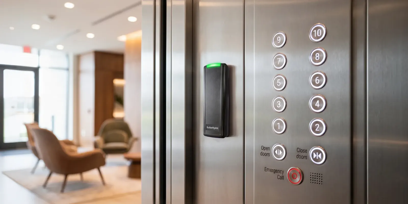 ButterflyMX reader beside elevator floor buttons in a residential lobby