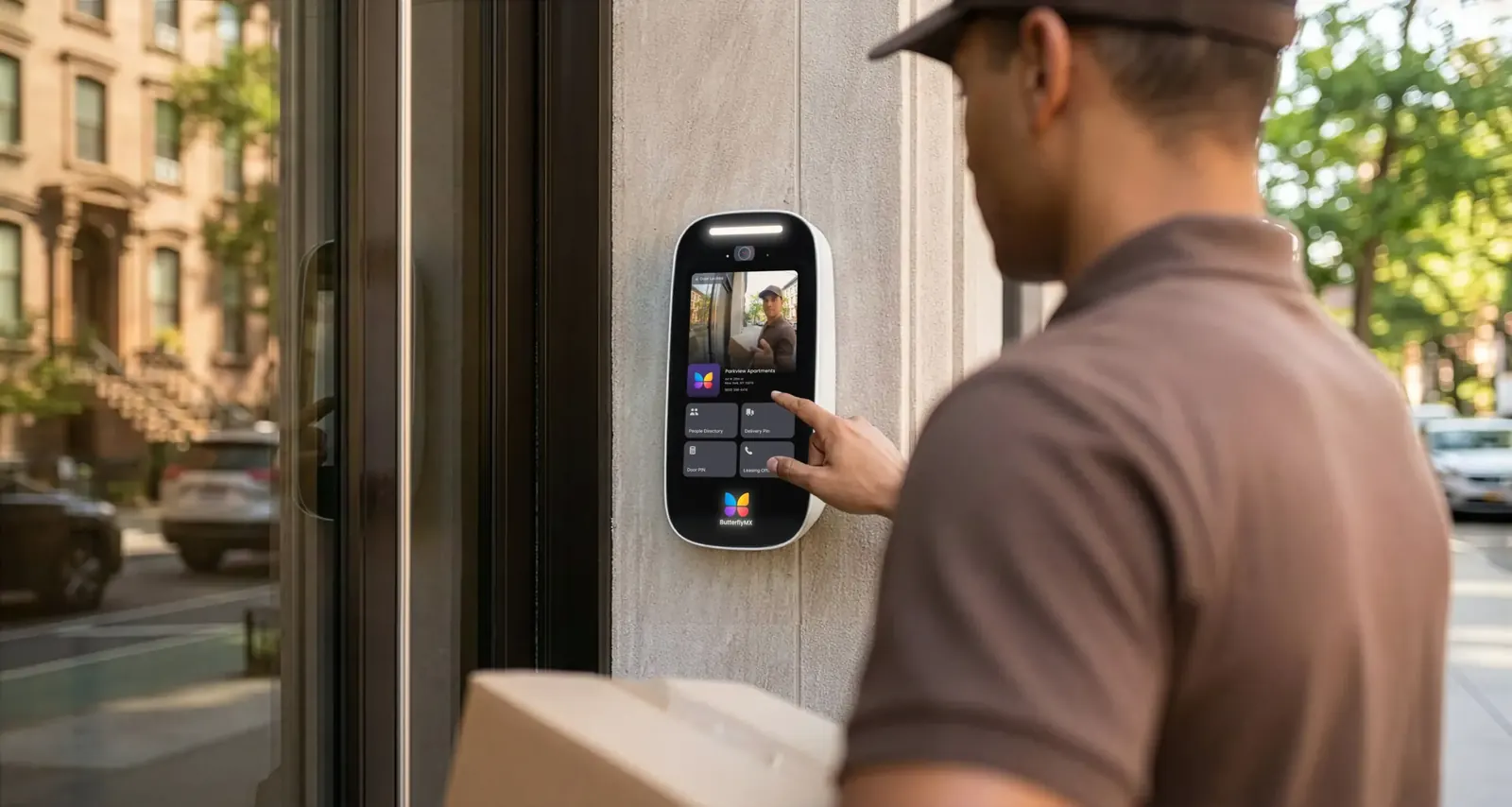 A courier uses a ButterflyMX video intercom at a brownstone apartment entrance