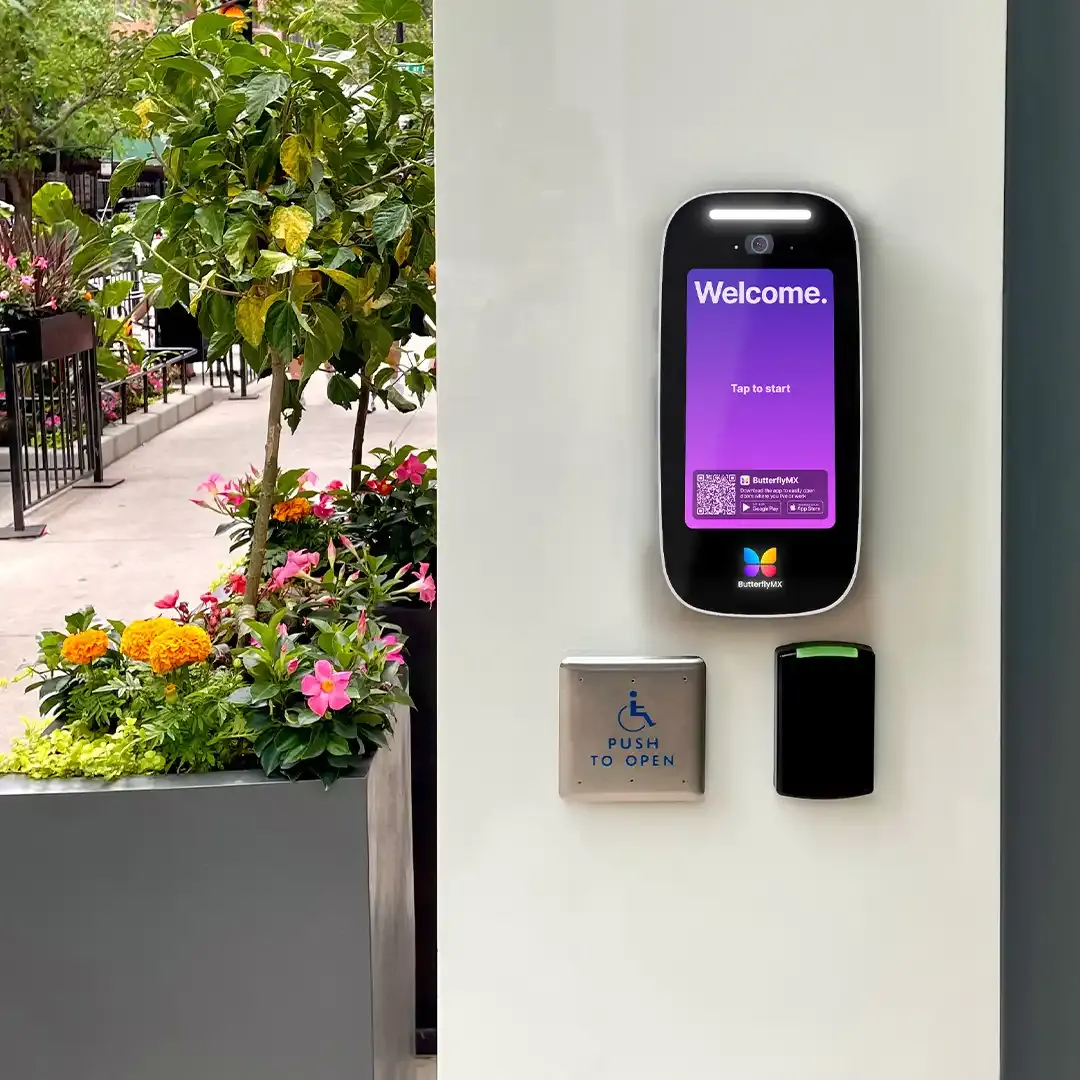 ButterflyMX 8-inch intercom with a card reader and accessible door button
