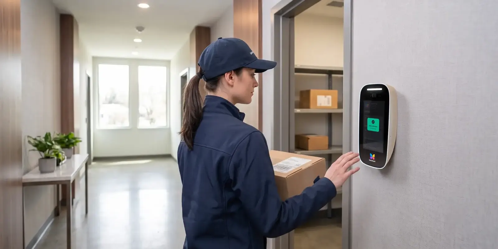 A courier uses ButterflyMX to open a package room