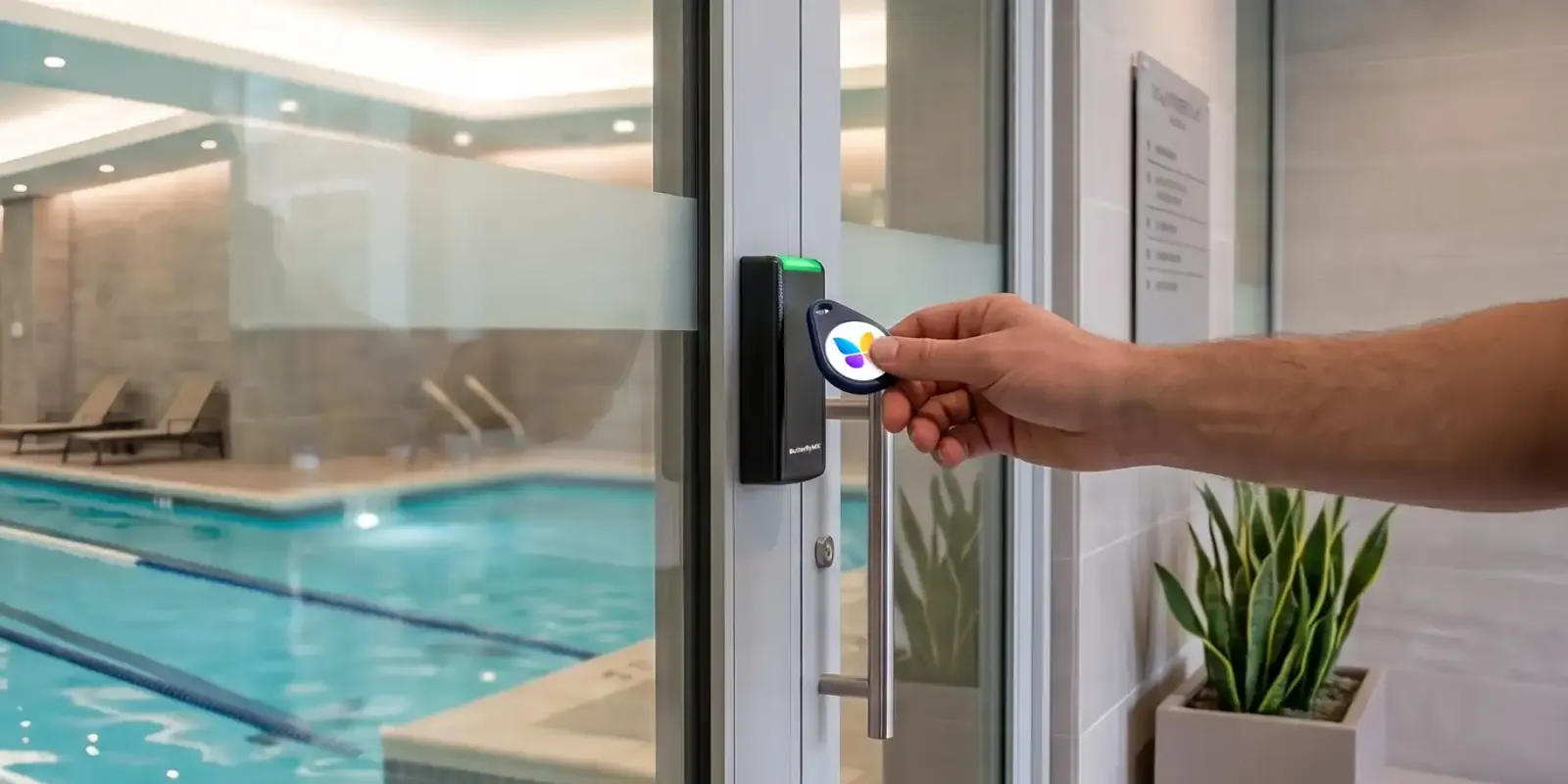 A resident taps a fob at the pool door reader
