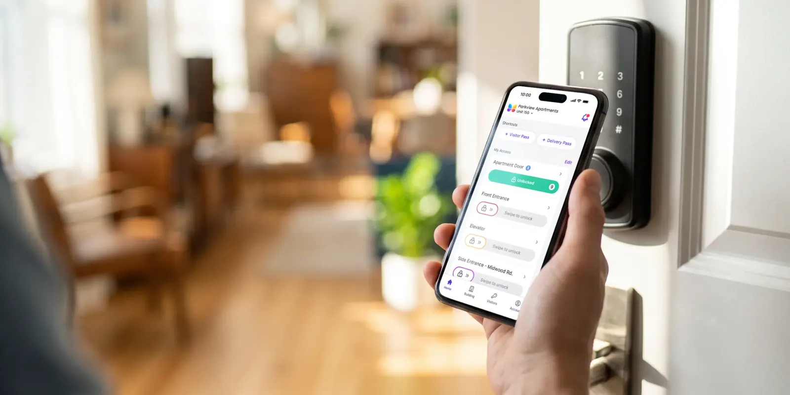 A resident unlocks an apartment smart lock from the ButterflyMX app